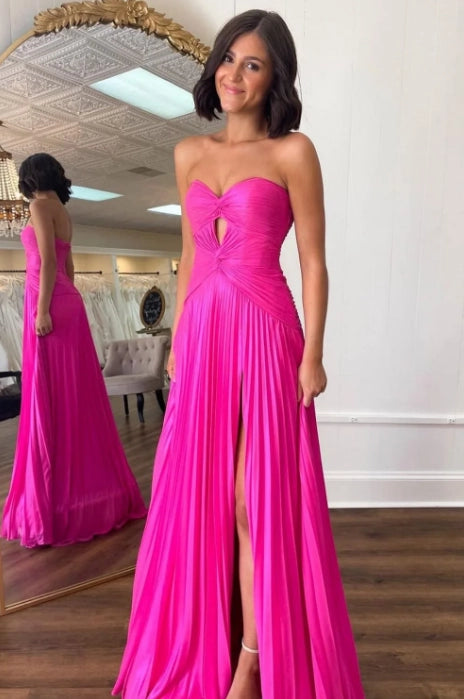 Hot Pink Pleated Chiffon A-Line Sweetheart Zipper Back Floor Length Dress Front View - Jimiss