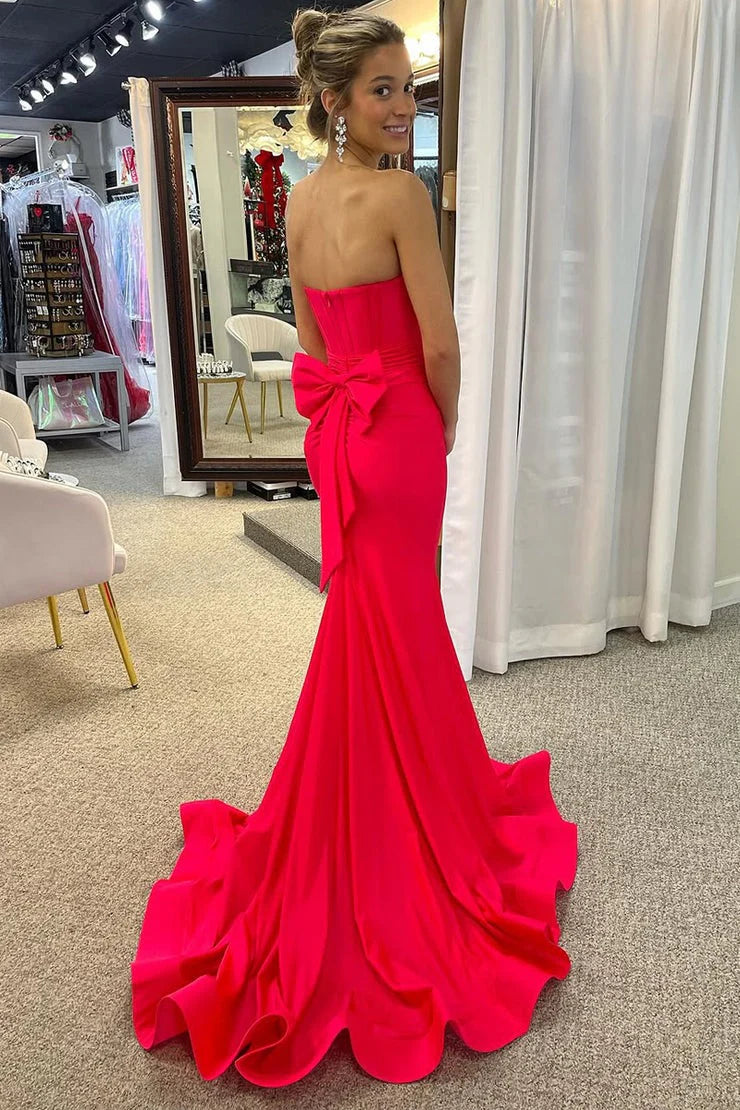 Hot Pink Satin Mermaid Straight-Across Zipper-Back Floor-Length Dress Back View - Jimiss