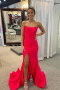 Hot Pink Satin Mermaid Straight-Across Zipper-Back Floor-Length Dress Front View - Jimiss