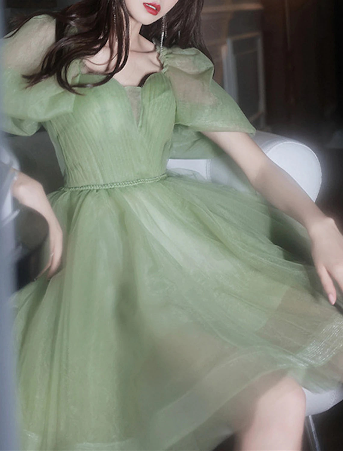 Abiti da ballo a trapezio, abito plissettato a strati, abito da cerimonia per invitati alla laurea, corto/mini, maniche corte, spalle scoperte, tulle con pieghe