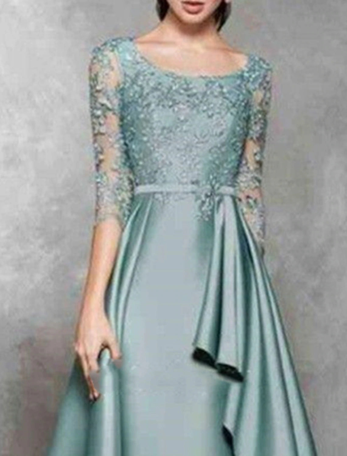 Dusty Blue A-Line Floor-Length Dress with Boat Neck Lace Bodice