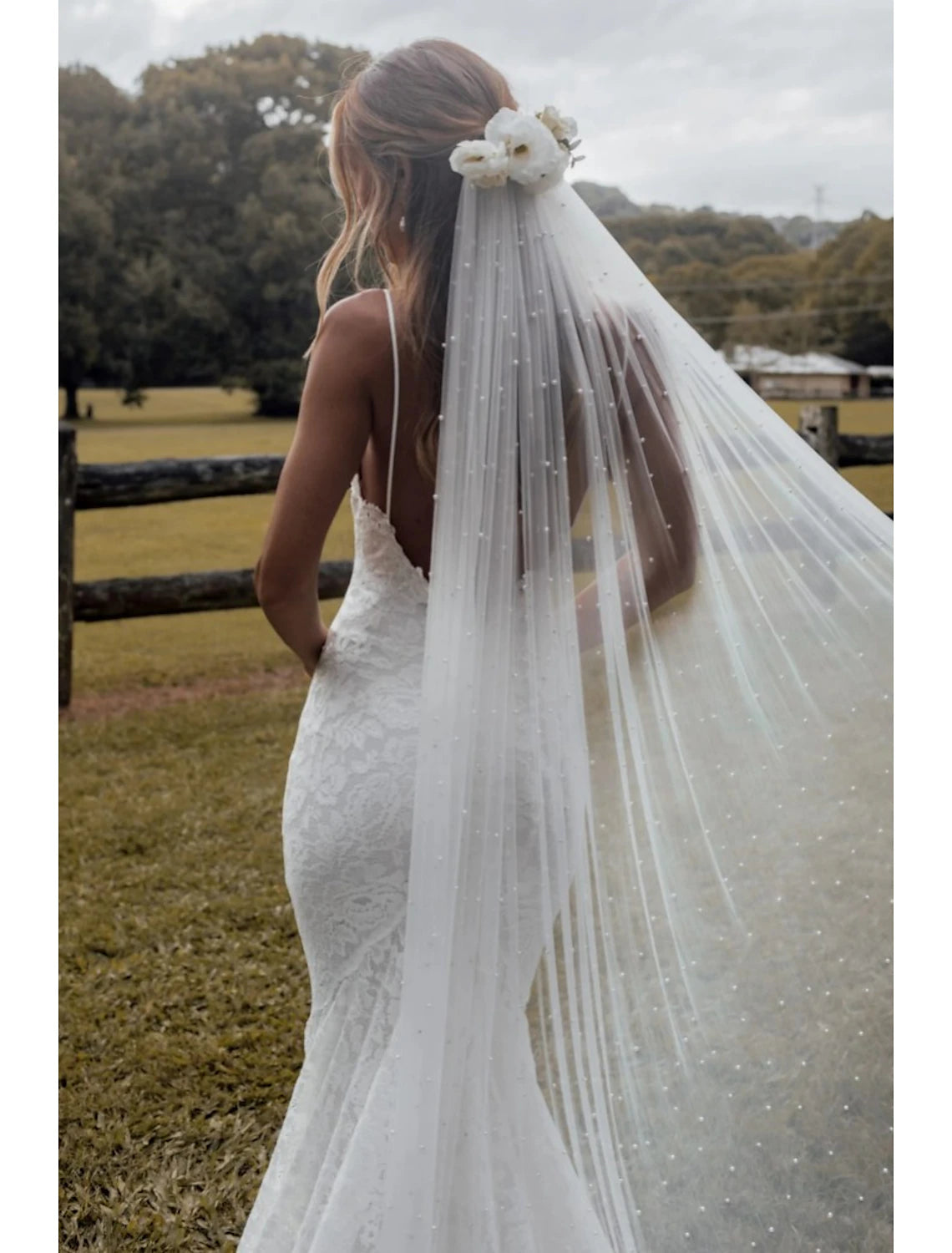 Jimiss - Vestido de novia de una sola capa estilo retro/perla con velo catedral y perla falsa Vestido transparente de 110,24 pulgadas (280 cm) que dejará una profunda impresión en 2025