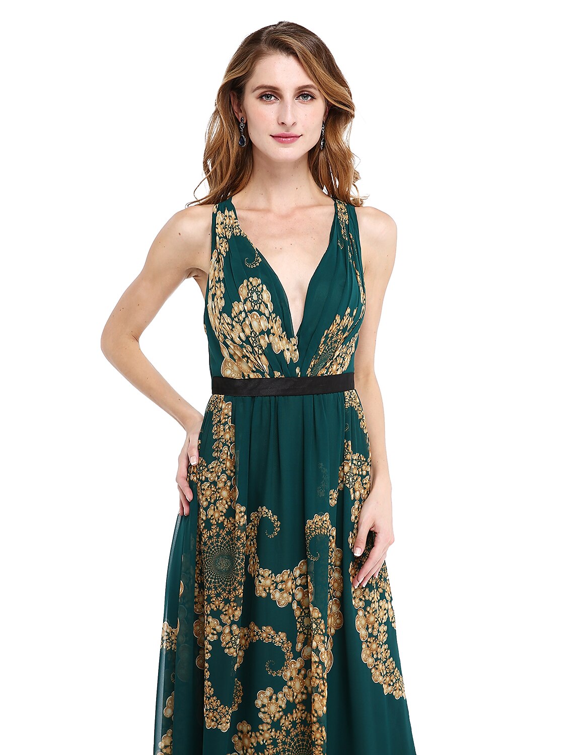 Abito da madre della sposa a trapezio con scollo a V, floreale, lungo fino al pavimento, in chiffon, senza maniche, con fascia/nastro