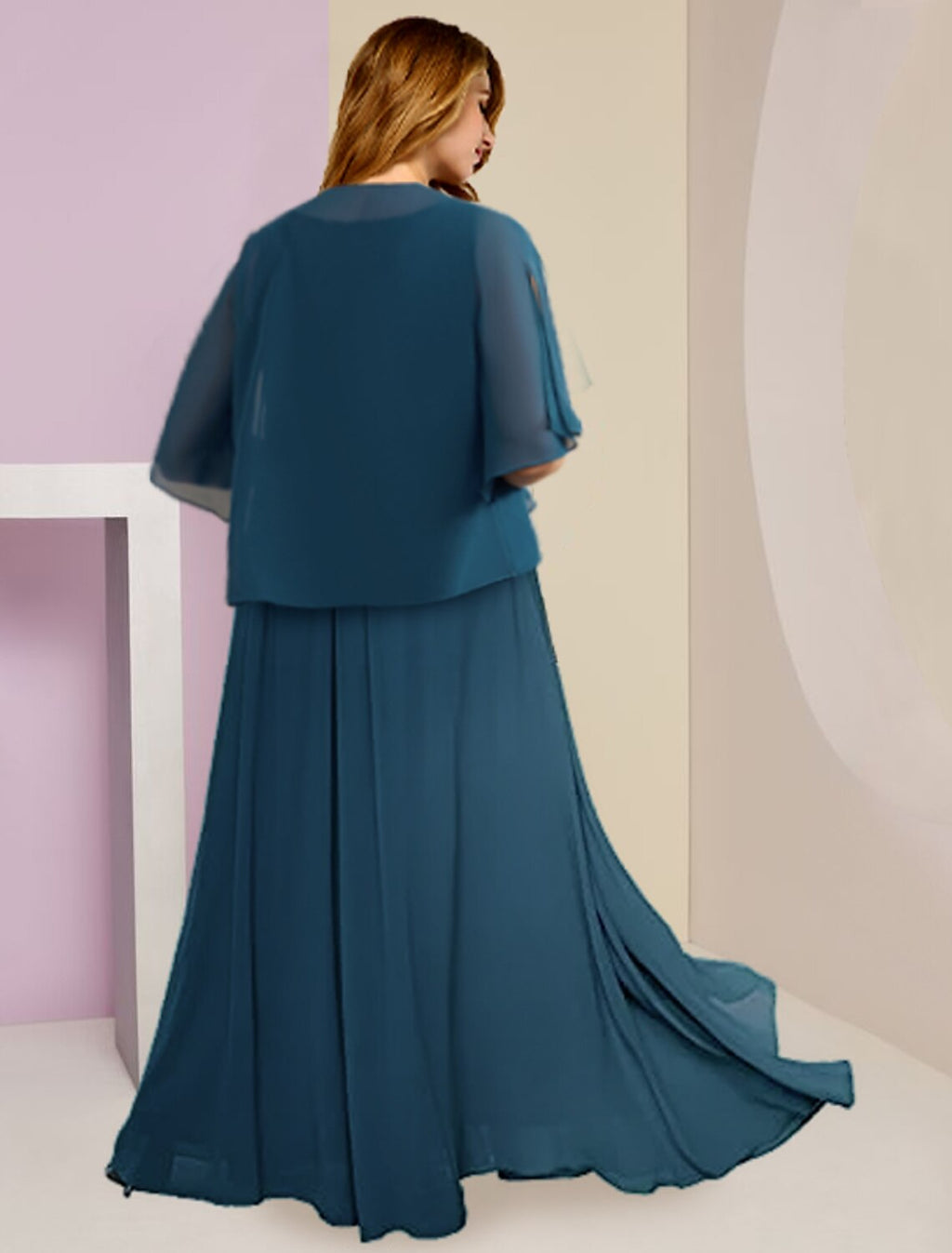 Teal Chiffon A-Line Floor-Length Dress with V-Neck and Embroidered Bodice