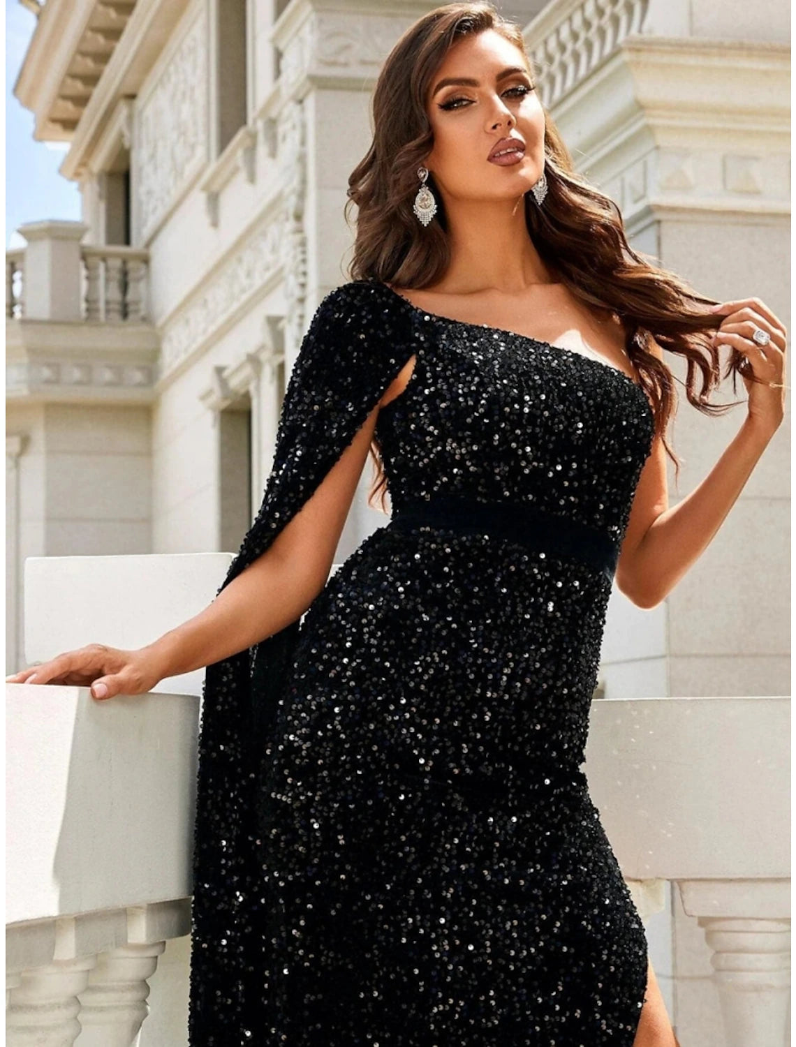 Black Sequin Mermaid Gown with One-Shoulder Cape