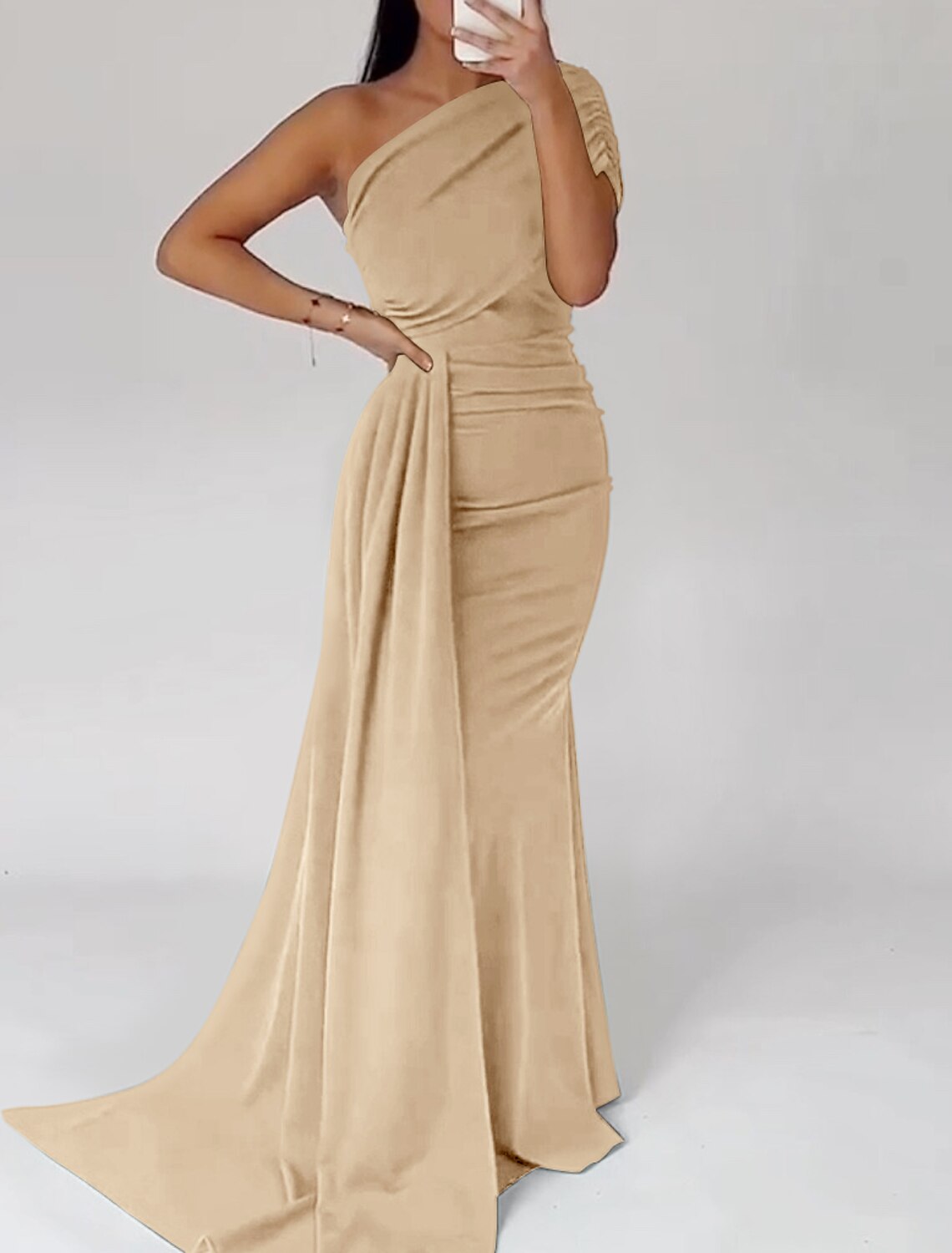 Mermaid / Trumpet Evening Gown Elegant Dress Formal Christmas Red Green Dress Sweep / Brush Train Short Sleeve One Shoulder Satin with Pleats Ruched 2025