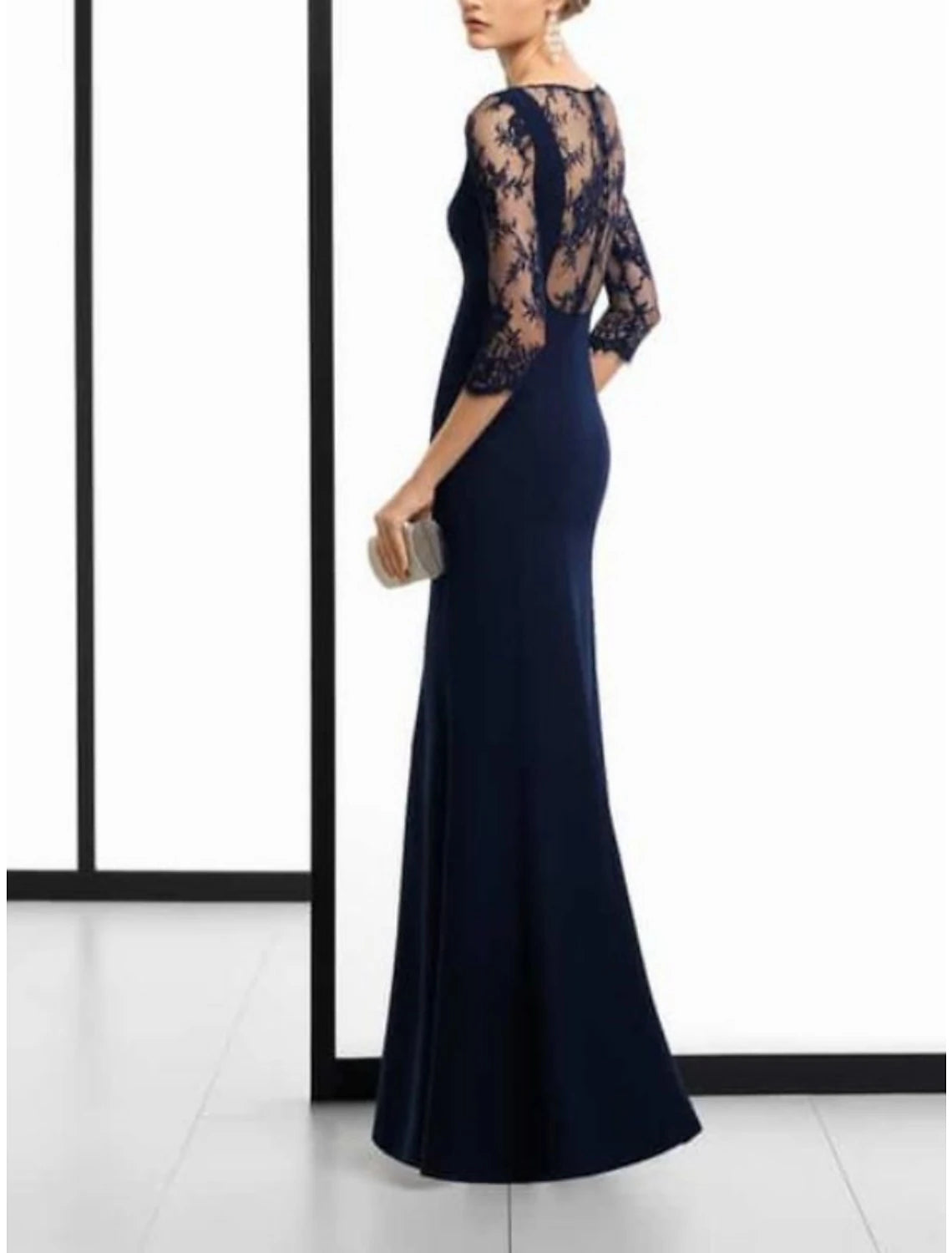 Abito da madre della sposa a tubino/colonna, per invitati a nozze, stile vintage, con scollo a barchetta, lunghezza pavimento, in pizzo, manica a 3/4, tinta unita