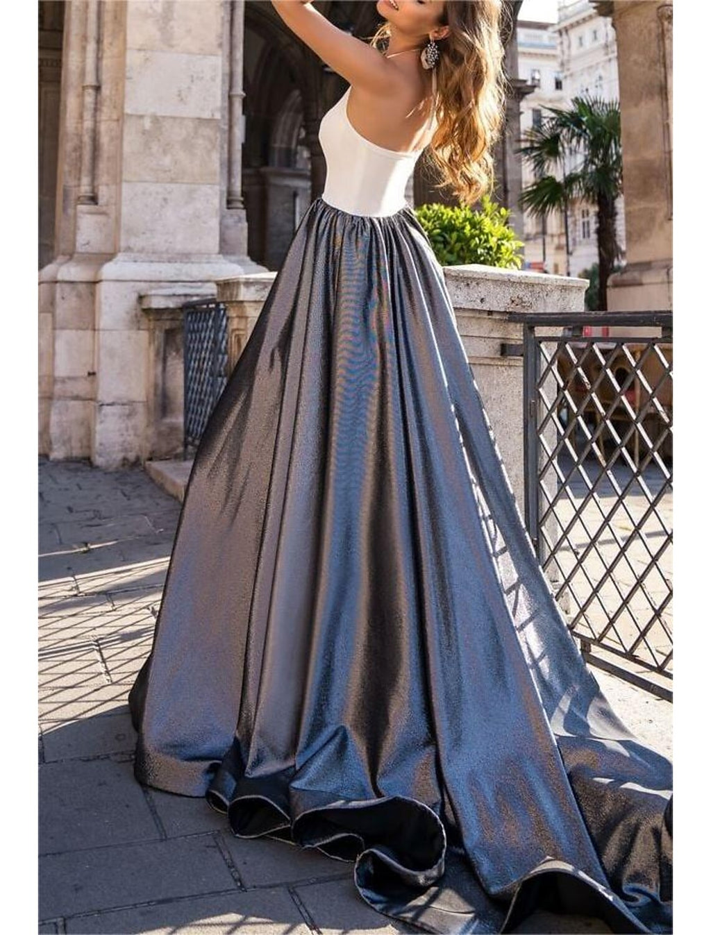 Vestido de noche de corte A con bloques de color, para boda, graduación, largo hasta el suelo, sin mangas, cuello alto, de gasa con brillo