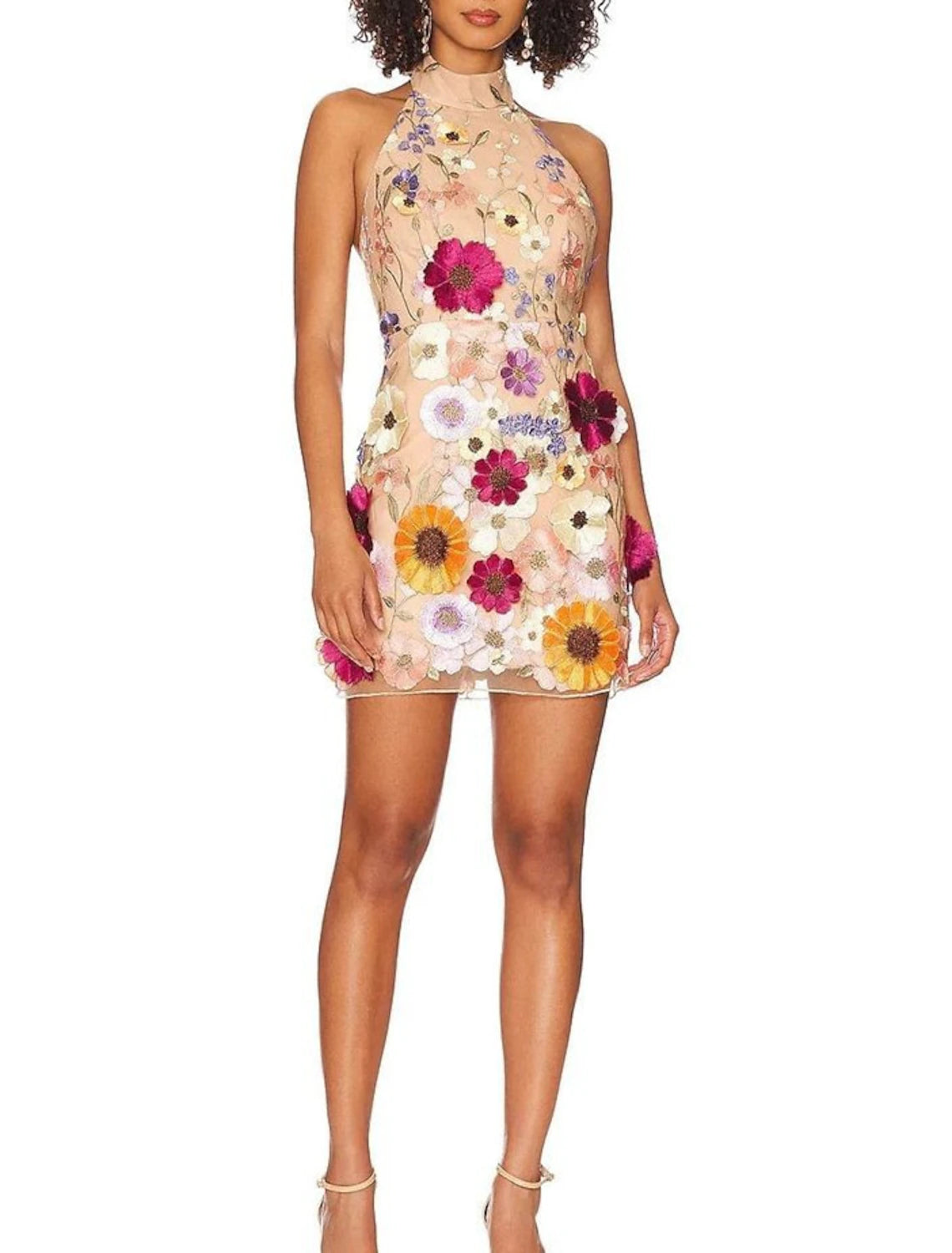 Vestido de fiesta con corte tubo/columna, floral, para cóctel, cumpleaños, corto/mini, sin mangas, cuello halter, rosa, con encaje y bordado