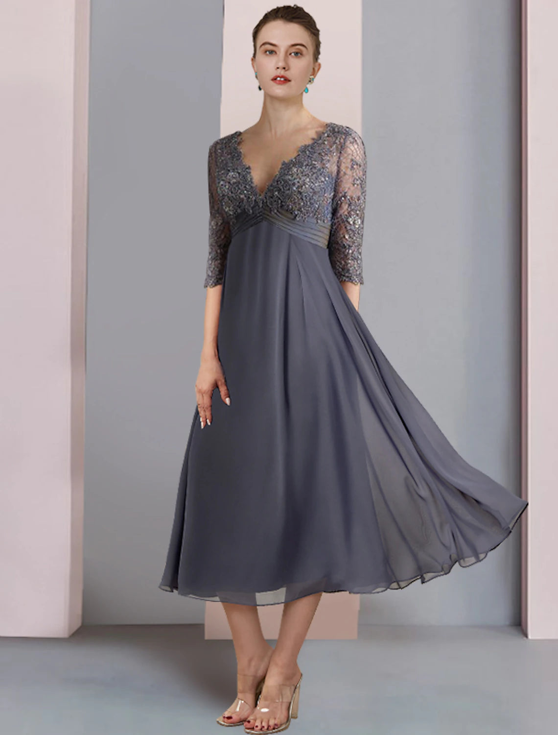 Abito da cerimonia per la madre della sposa, a trapezio, elegante, vintage, con scollo a V, lunghezza tè, in chiffon, pizzo, mezza manica, con applicazioni di perline e paillettes