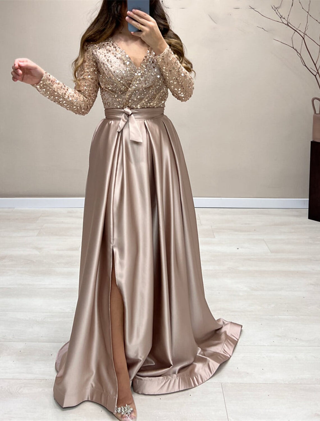 Champagne Sequin V-Neck A-Line Floor-Length Dress with Slit
