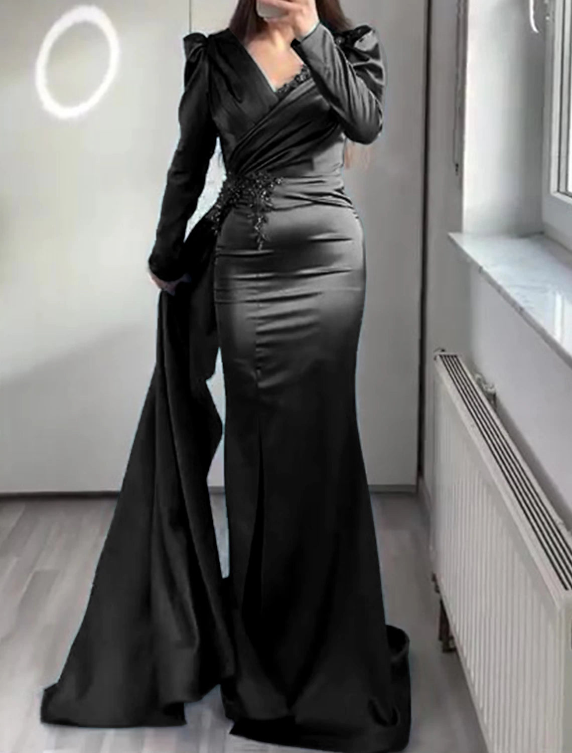 Mermaid Evening Gown Elegant Black Dress Formal Black Tie Floor Length Short Sleeve V Neck African American Satin with Ruched Appliques 2025