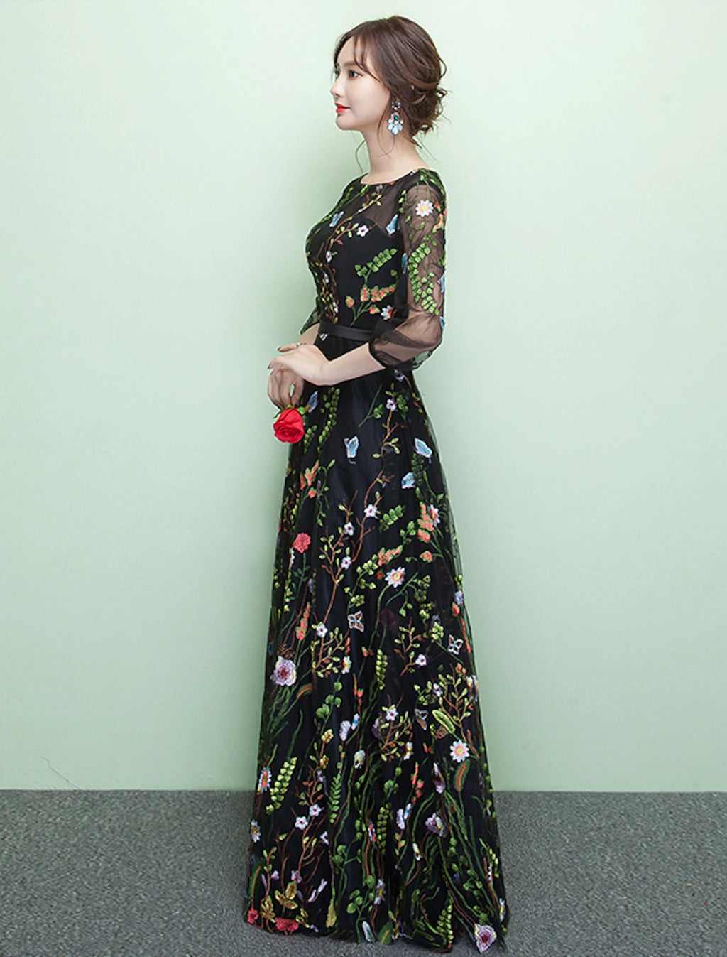 Vestido de noche formal elegante de corte A con brillo y brillo, escote joya, mangas 3/4, largo hasta el suelo, encaje con bordado