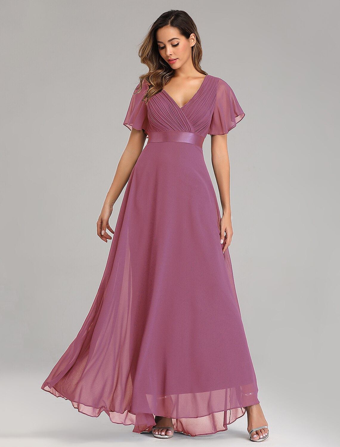 Burgundy Chiffon A-Line Floor-Length Bridesmaid Dress with V-Neck and Flutter Sleeves