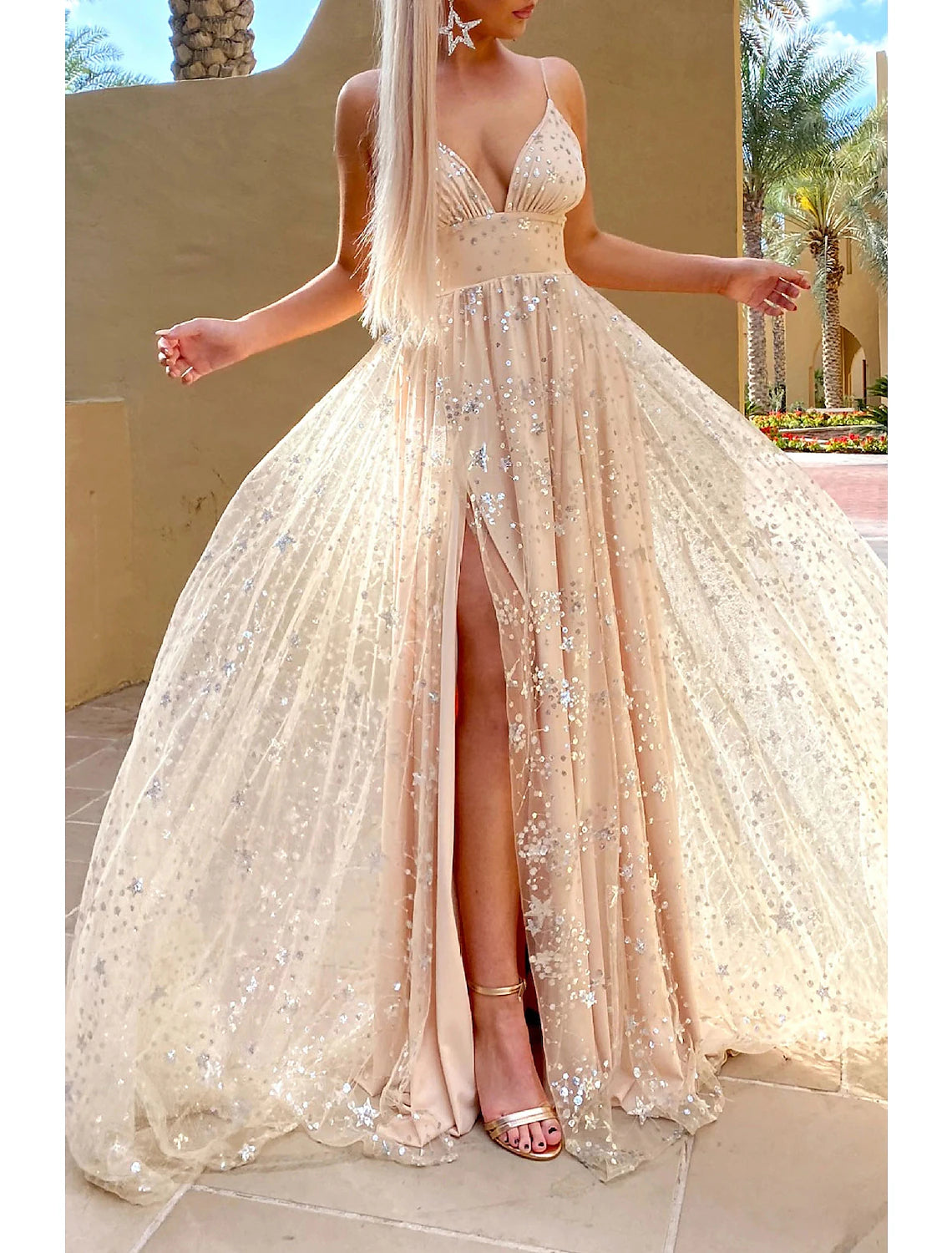 Sky Blue Tulle A-Line Floor-Length Evening Dress with Plunging V-Neck, High Slit & Star Embellishments