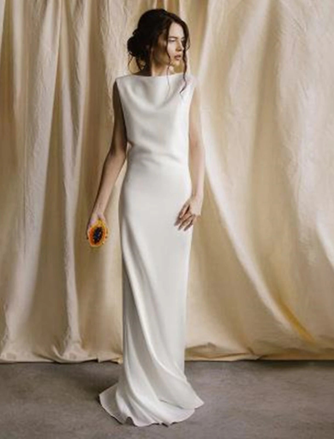 Ivory Satin Cowl Neck Sheath Bridesmaid Dress