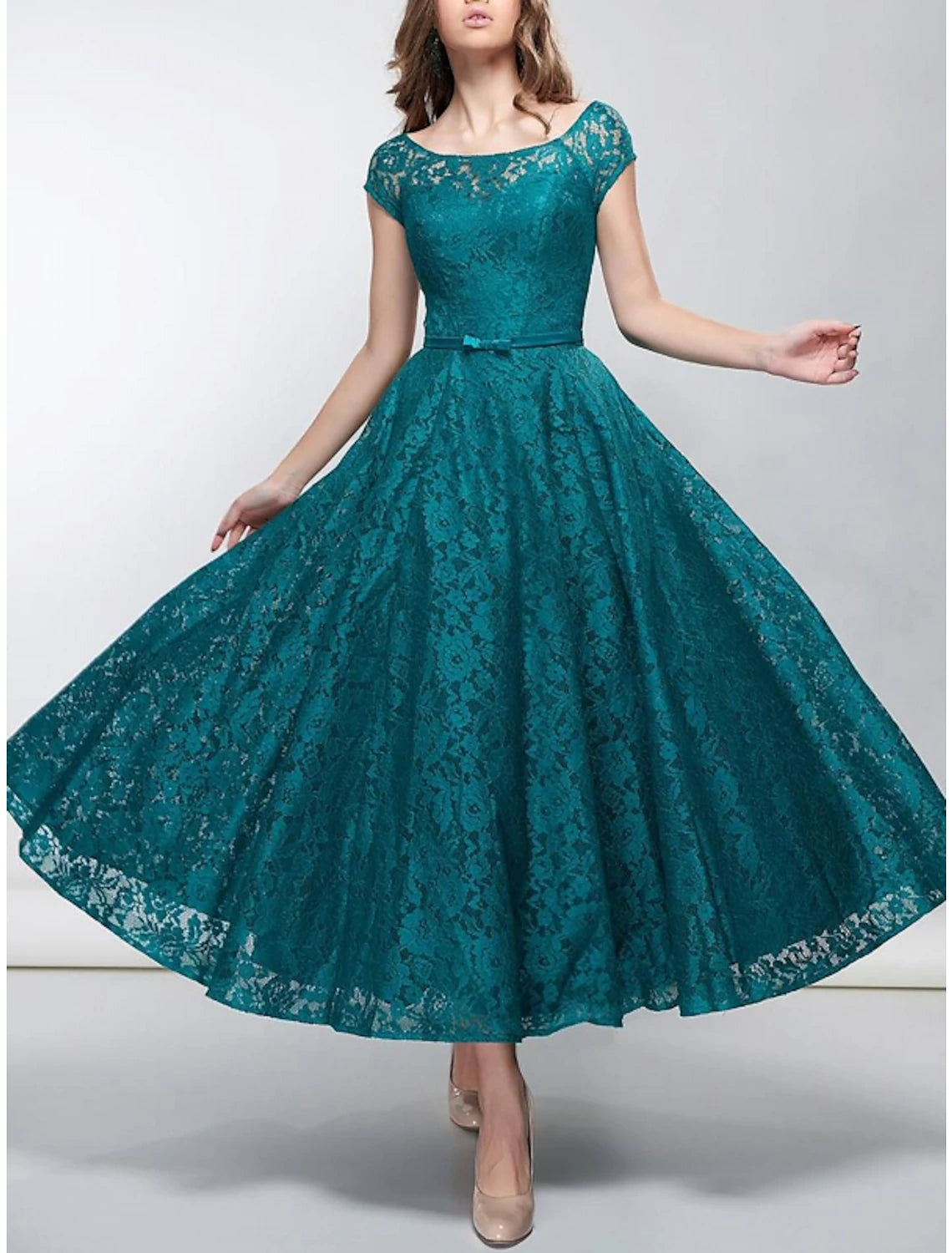 Teal Lace A-Line Tea-Length Boat Neck Dress