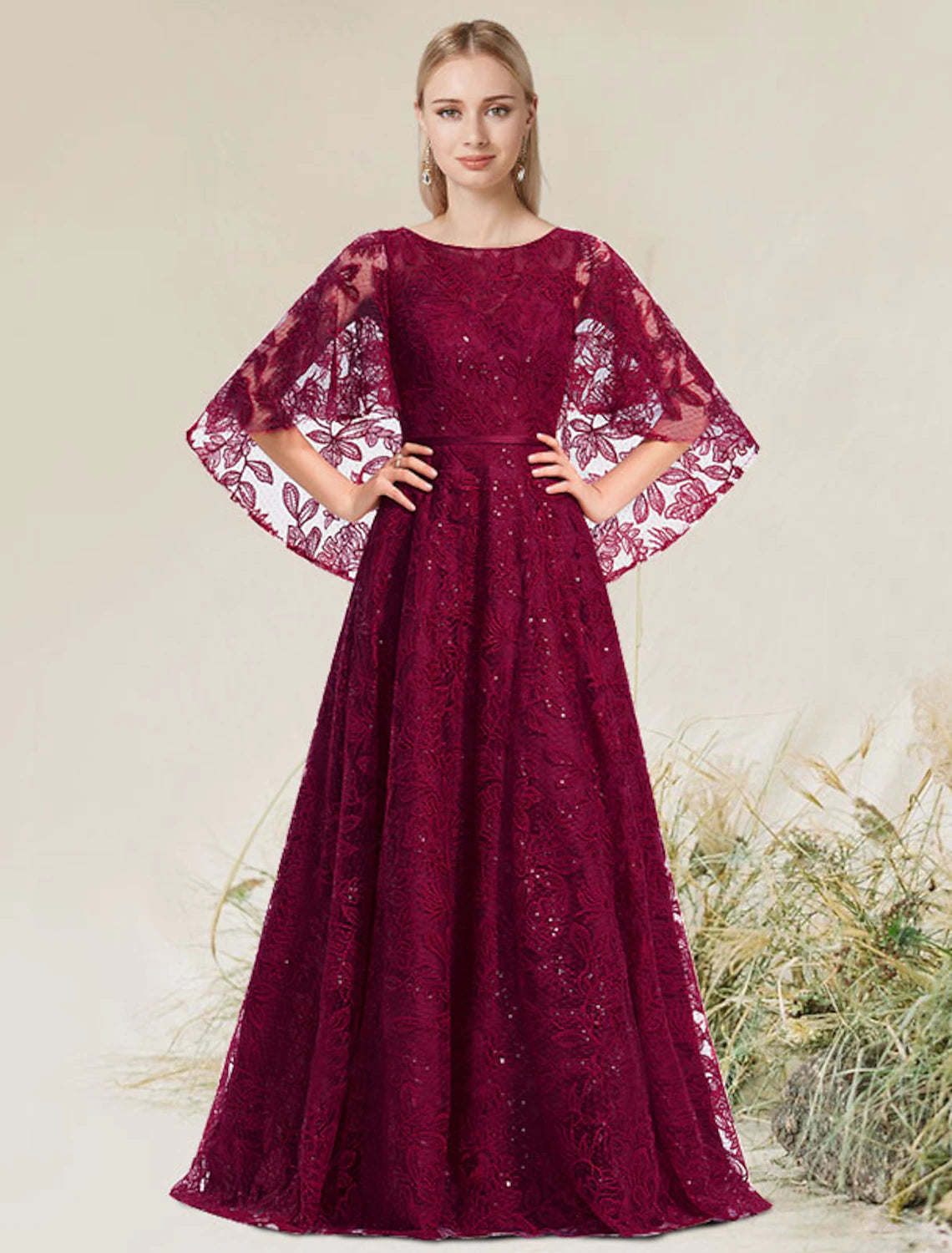 Vestido elegante de corte A con flores para invitadas de boda, formal, de noche, para cumpleaños, con cuello joya, manga corta, largo hasta el suelo, de encaje con apliques