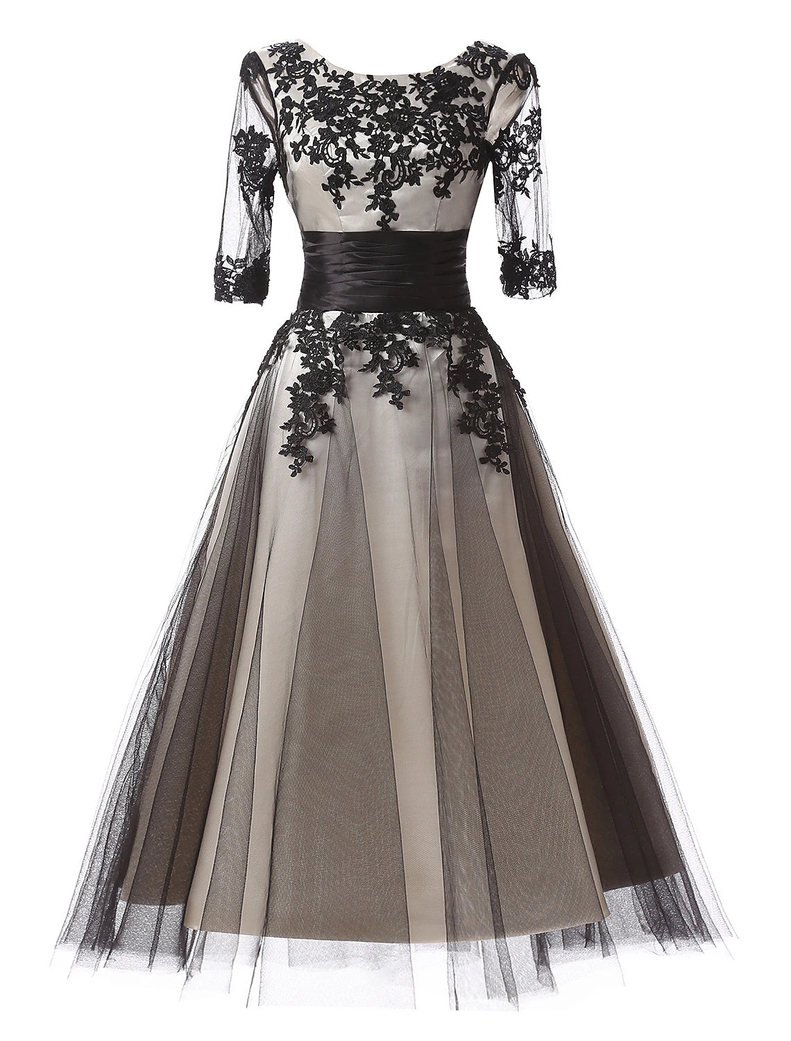 Vestido de noche con bloques de color, vestido formal de noche, largo hasta los tobillos, media manga, cuello joya, para invitada de boda de otoño, encaje con apliques de encaje