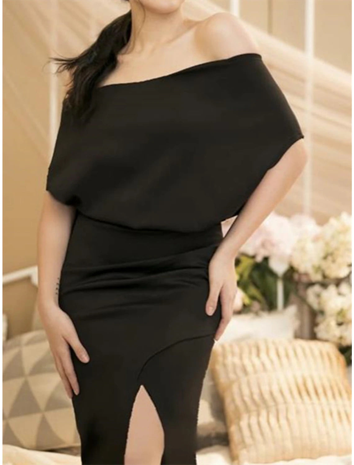 Sheath / Column Empire Elegant Wedding Guest Formal Evening Birthday Dress Off Shoulder Half Sleeve Floor Length  Chiffon with Slit 2025