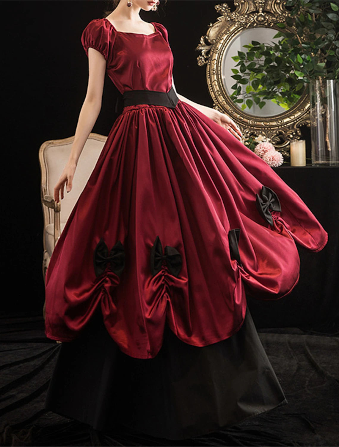 Vestido de fiesta estilo gala, vestido vintage de Halloween, largo hasta el suelo, manga corta, hombros descubiertos, poliéster, con faja/cinta, lazo(s), pliegues.