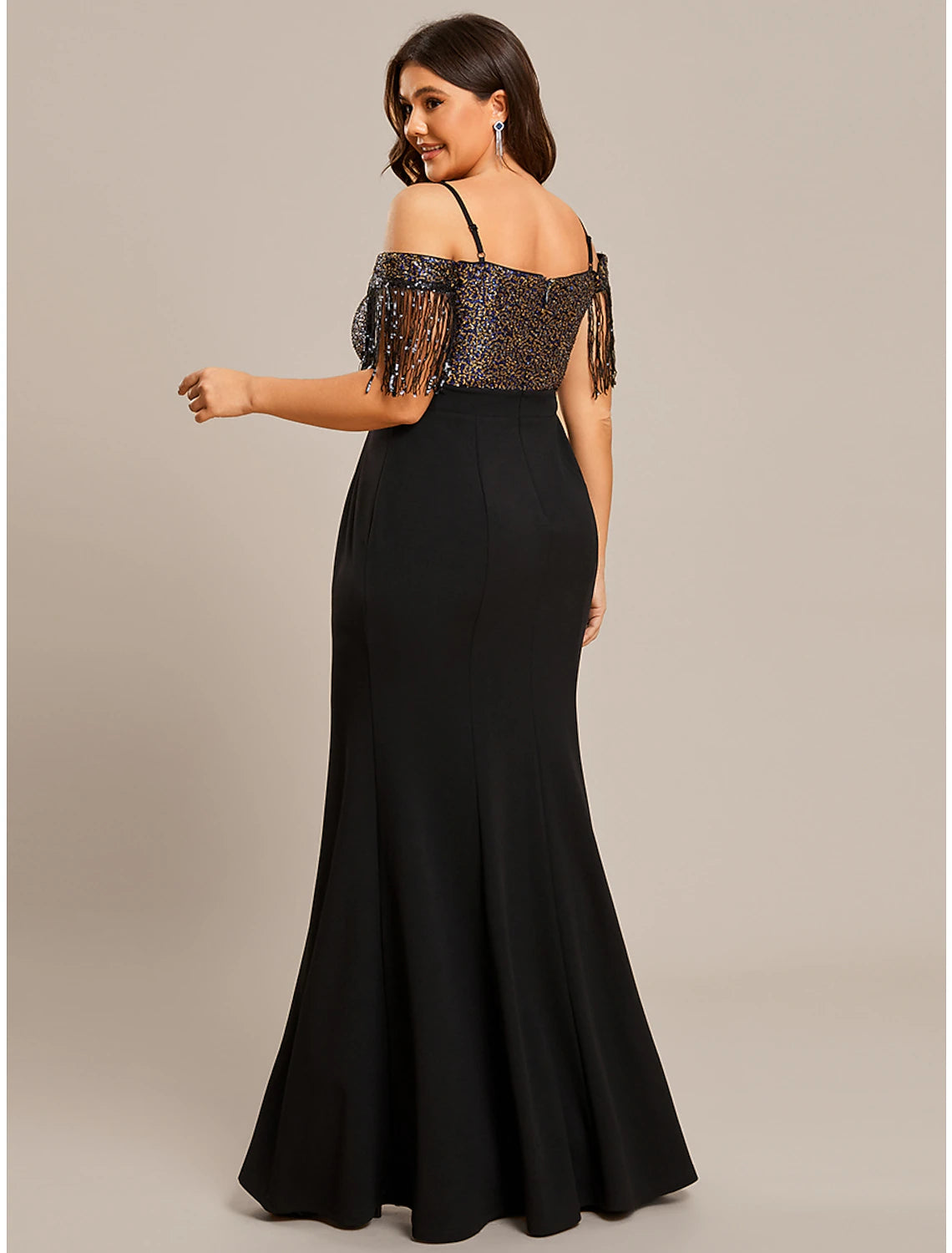 Black Sequin Mermaid Floor-Length Evening Dress with Fringe Sleeves