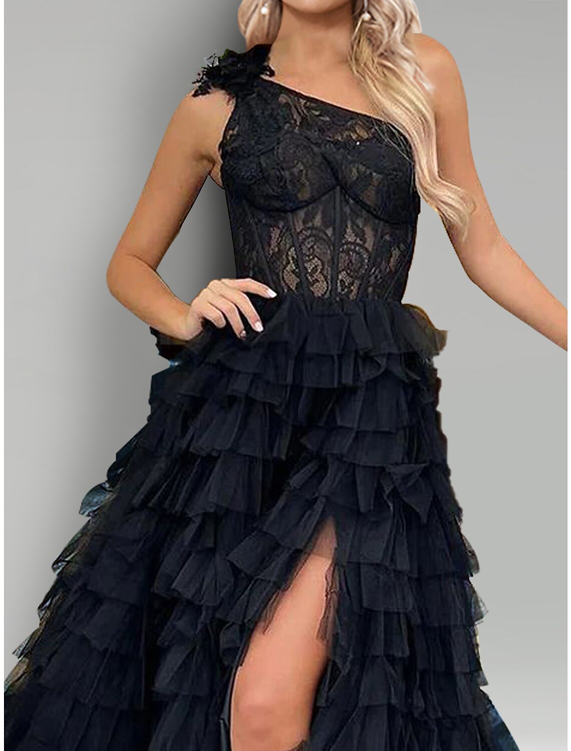 Abito da sera a trapezio, floreale, da sposa, semi-formale, con strascico a ruota, senza maniche, monospalla, in pizzo con applicazioni a spacco