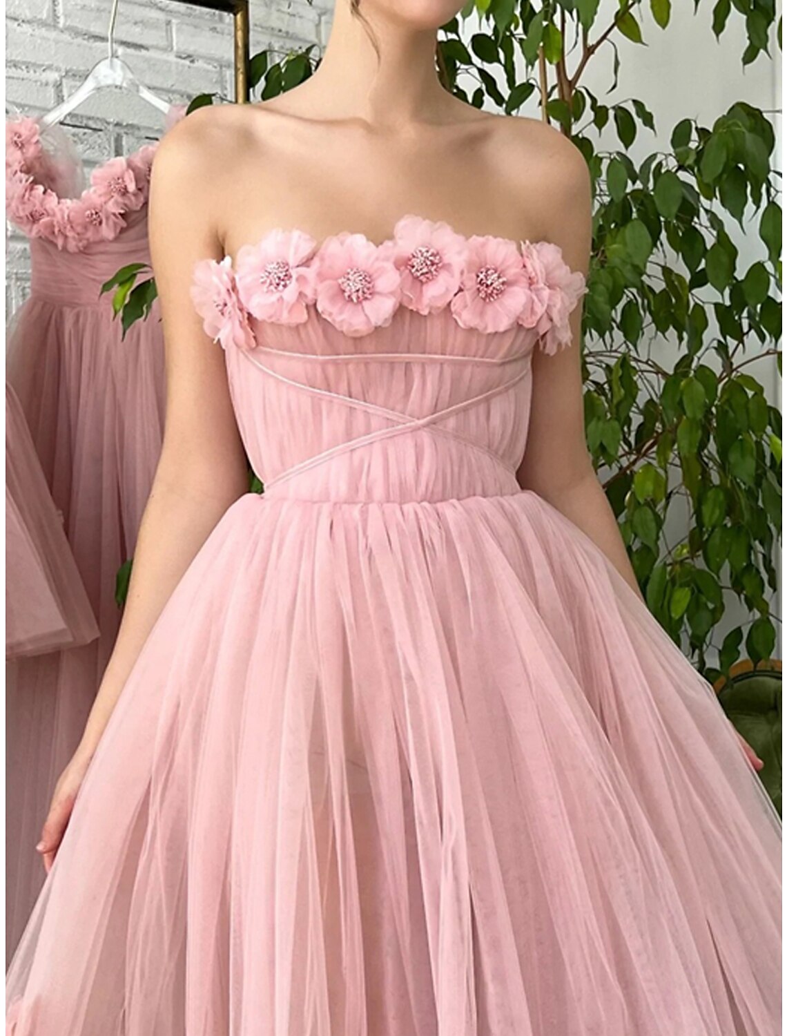 Pink Tulle A-Line Tea-Length Bridesmaid Dress with 3D Floral Appliques