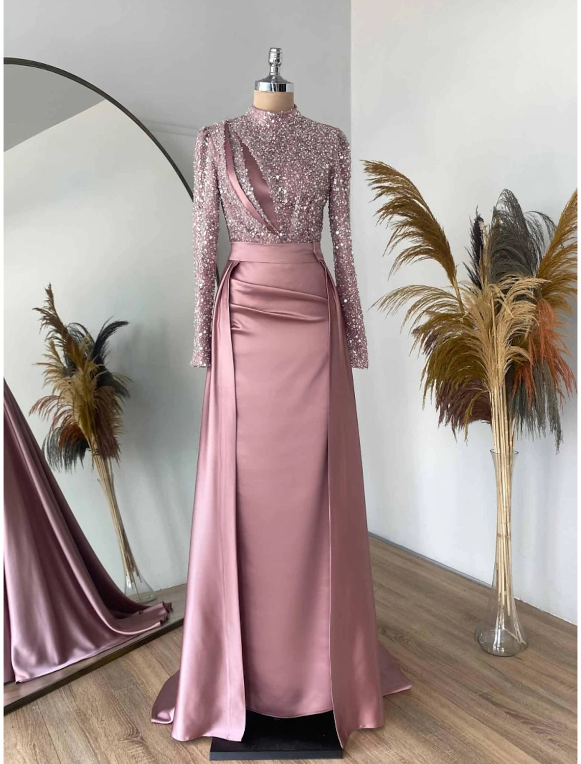 Emerald Sequin High Neck A-Line Floor-Length Gown