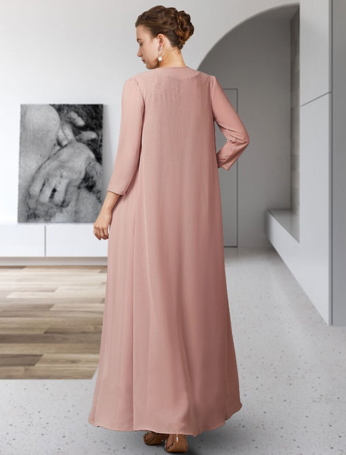 Vestido elegante de dos piezas de corte A para madre de la novia, cuello joya, largo hasta los tobillos, de gasa, encaje, sin mangas, chaqueta, con pliegues y apliques