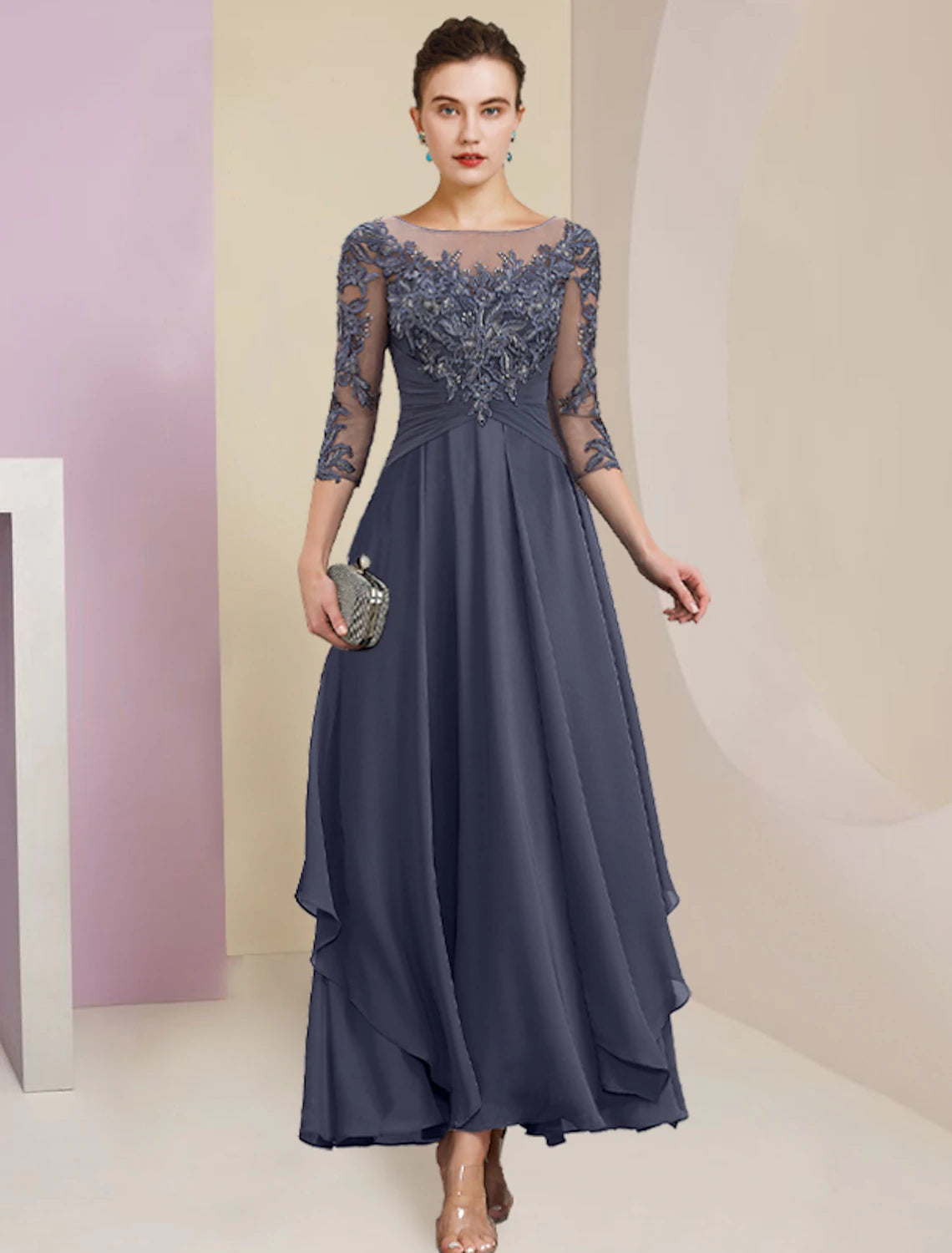 Abito da cerimonia per la madre della sposa, a tubino, semplice ed elegante, con scollo a gioiello, lunghezza alla caviglia, in chiffon, pizzo, manica a 3/4 con pieghe e paillettes