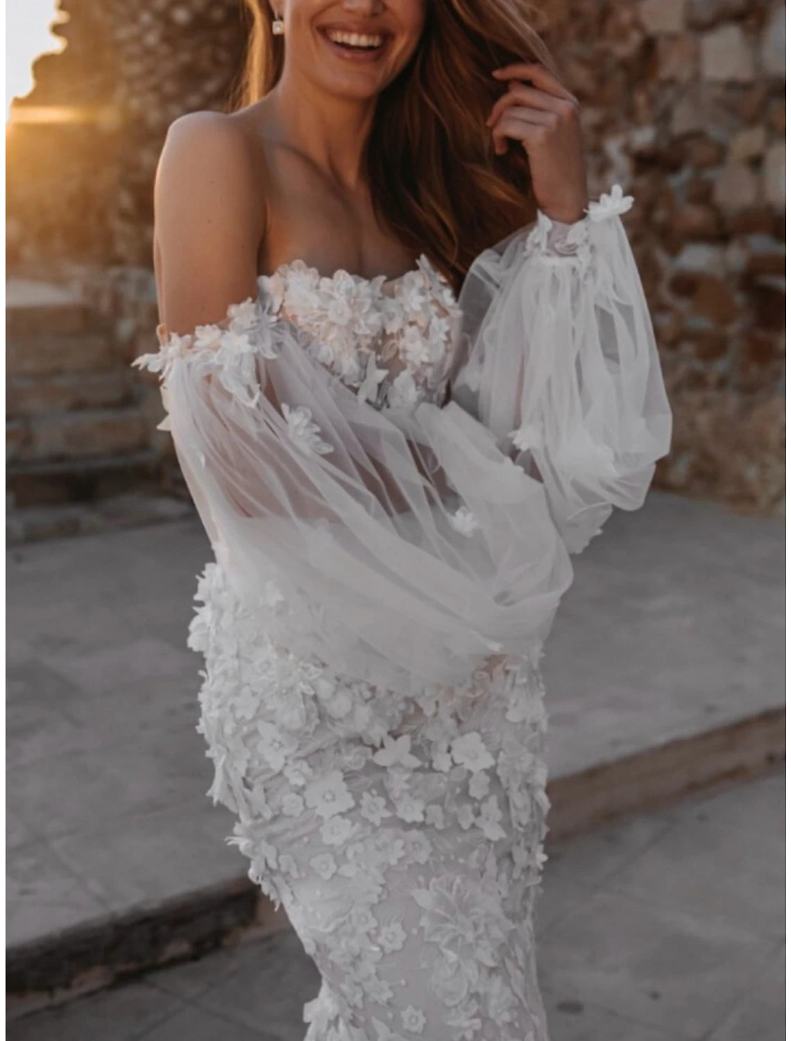 Vestidos de novia formales de corte A, escote corazón, manga larga, cola de corte, encaje, con pliegues y apliques