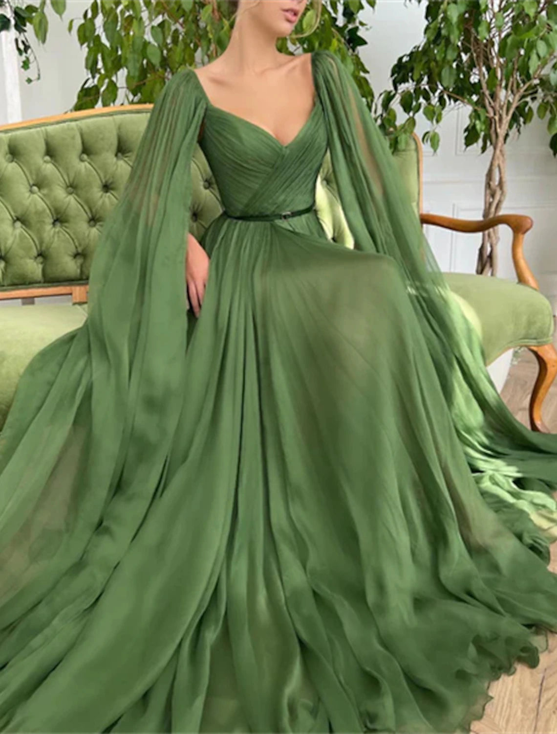 Olive Green Chiffon A-Line Sweetheart Floor-Length Dress with Flowing Cape Sleeves
