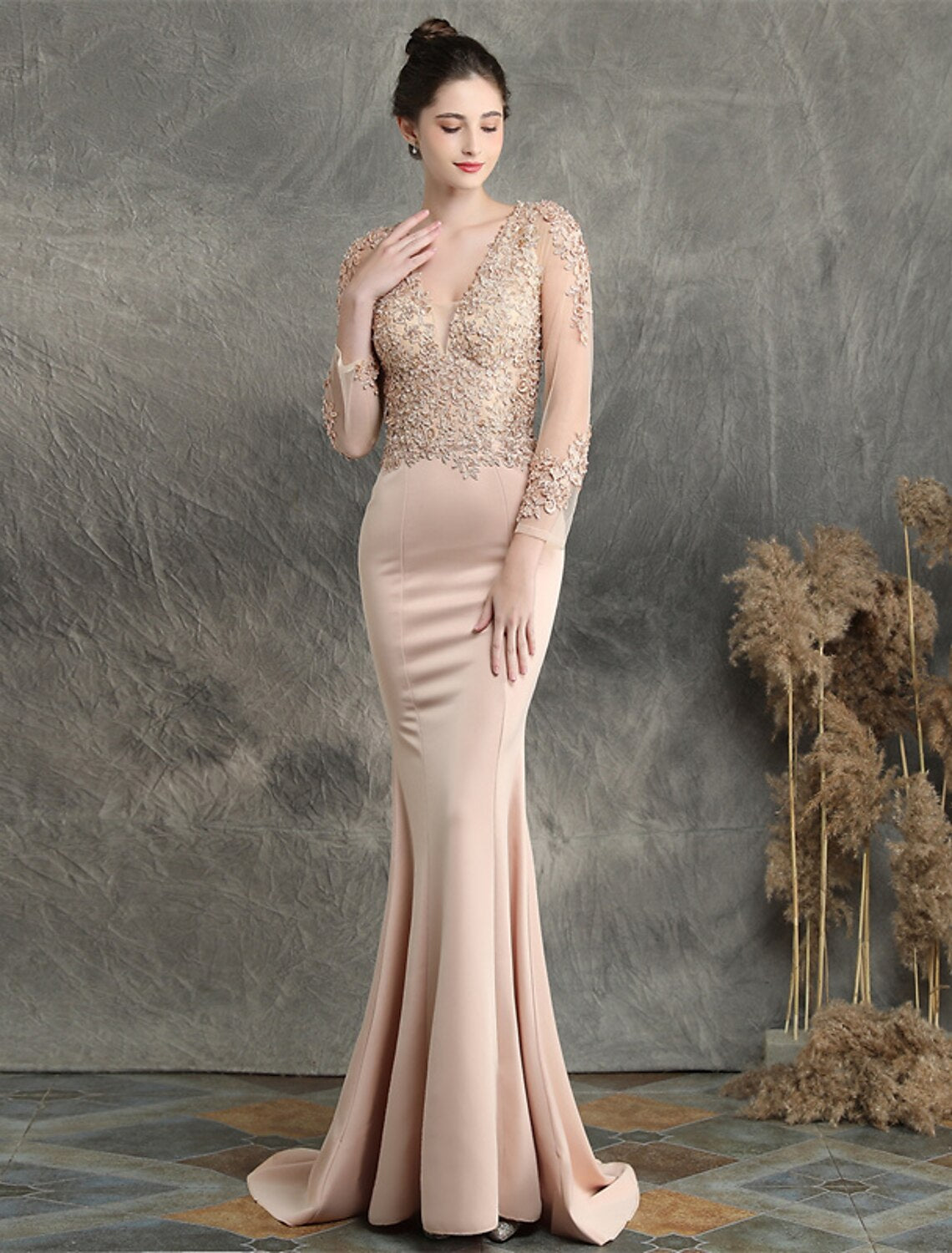 Burgundy Satin Mermaid Floor-Length V-Neck Illusion Embellished Evening Dress