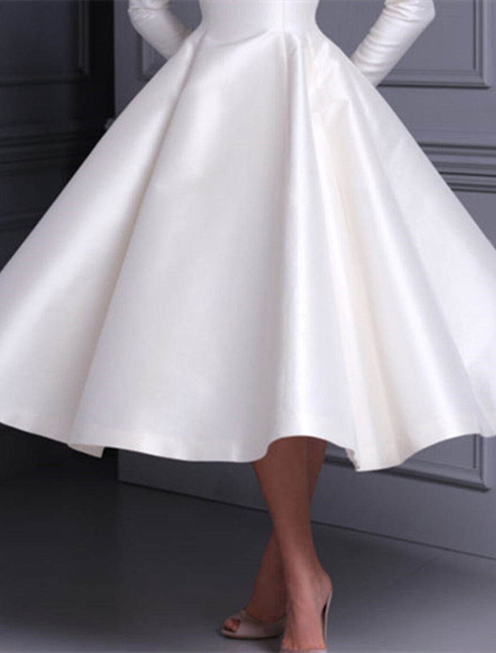 Ivory Satin Long Sleeve Boat Neck A-Line Tea-Length Dress