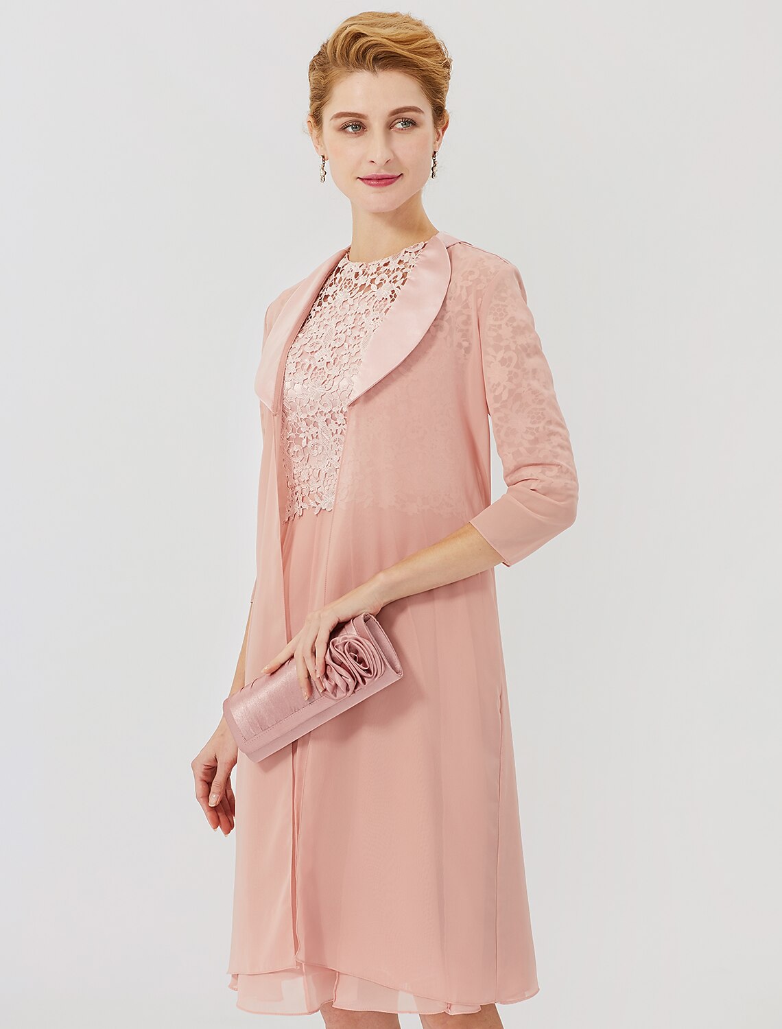 Vestido de baile para madre de la novia, formal, clásico y atemporal, elegante y lujoso, convertible, cuello ilusión, largo hasta la rodilla, gasa, encaje floral, manga 3/4 con broche de cristal