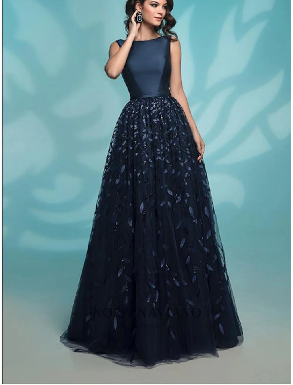 Dark Navy Embellished Tulle A-Line Floor-Length Evening Dress