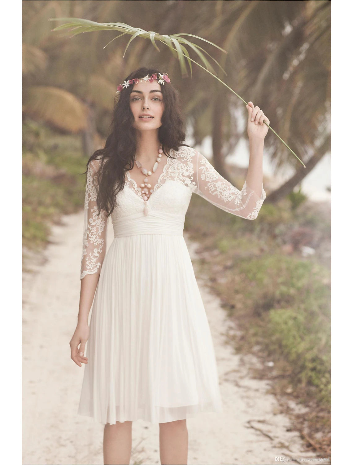 Ivory Chiffon A-Line Short Bridesmaid Dress with Lace Sleeves and Pleated Skirt