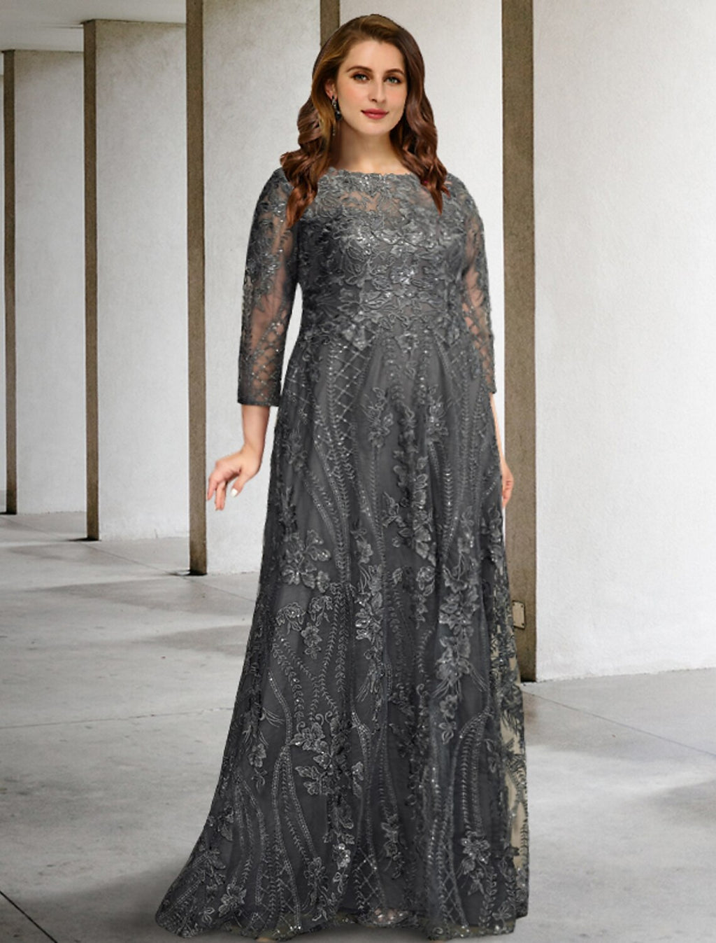 Grey Lace A-Line Floor-Length Boat Neck Evening Dress with Sequins