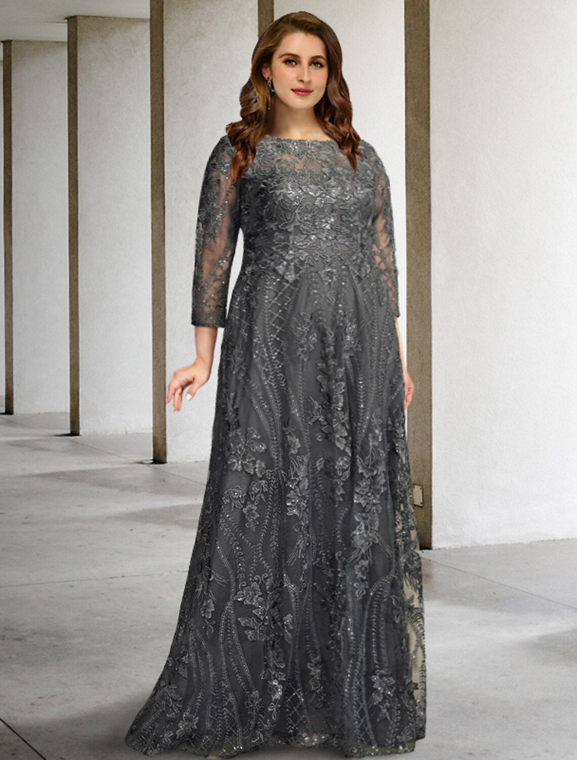 Grey Lace A-Line Floor-Length Boat Neck Evening Dress with Sequins