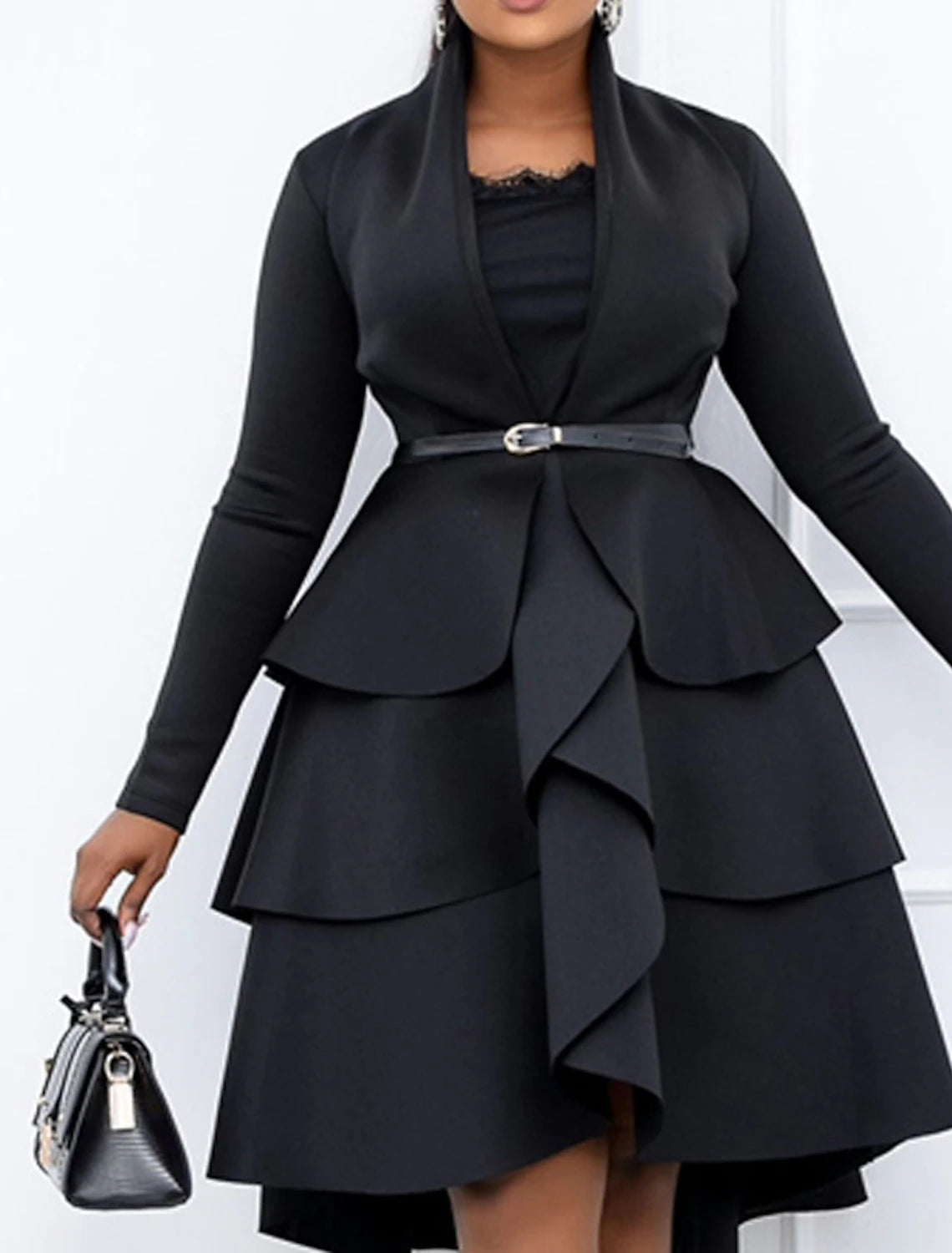 Women‘s Plus Size Curve Party Dress Solid Color Square Neck Ruffle Long Sleeve Winter Fall Basic Casual Prom Dress Midi Dress Work Daily Dress Black Dress Homecoming Dress