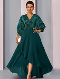 Abito da cerimonia per la madre della sposa, a tubino, elegante, scintillante e brillante, con scollo a V, in chiffon asimmetrico, in pizzo, a maniche lunghe, con pieghe e paillettes.