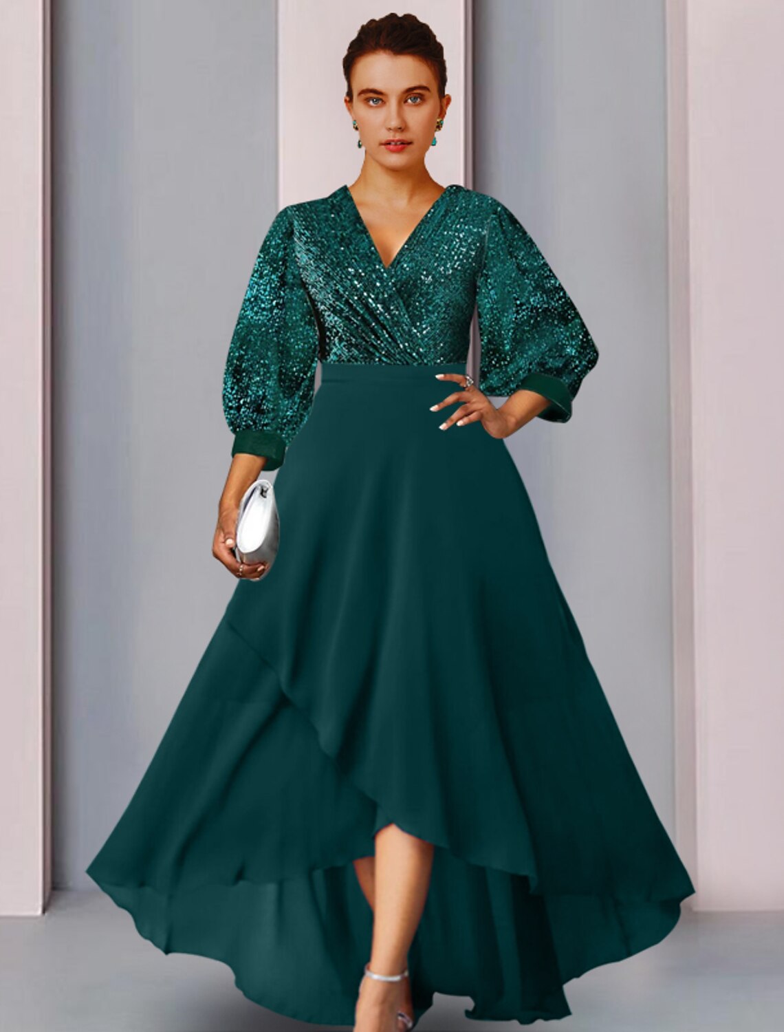 Emerald Chiffon A-Line Asymmetrical V-Neck Evening Dress with Sequin Bodice