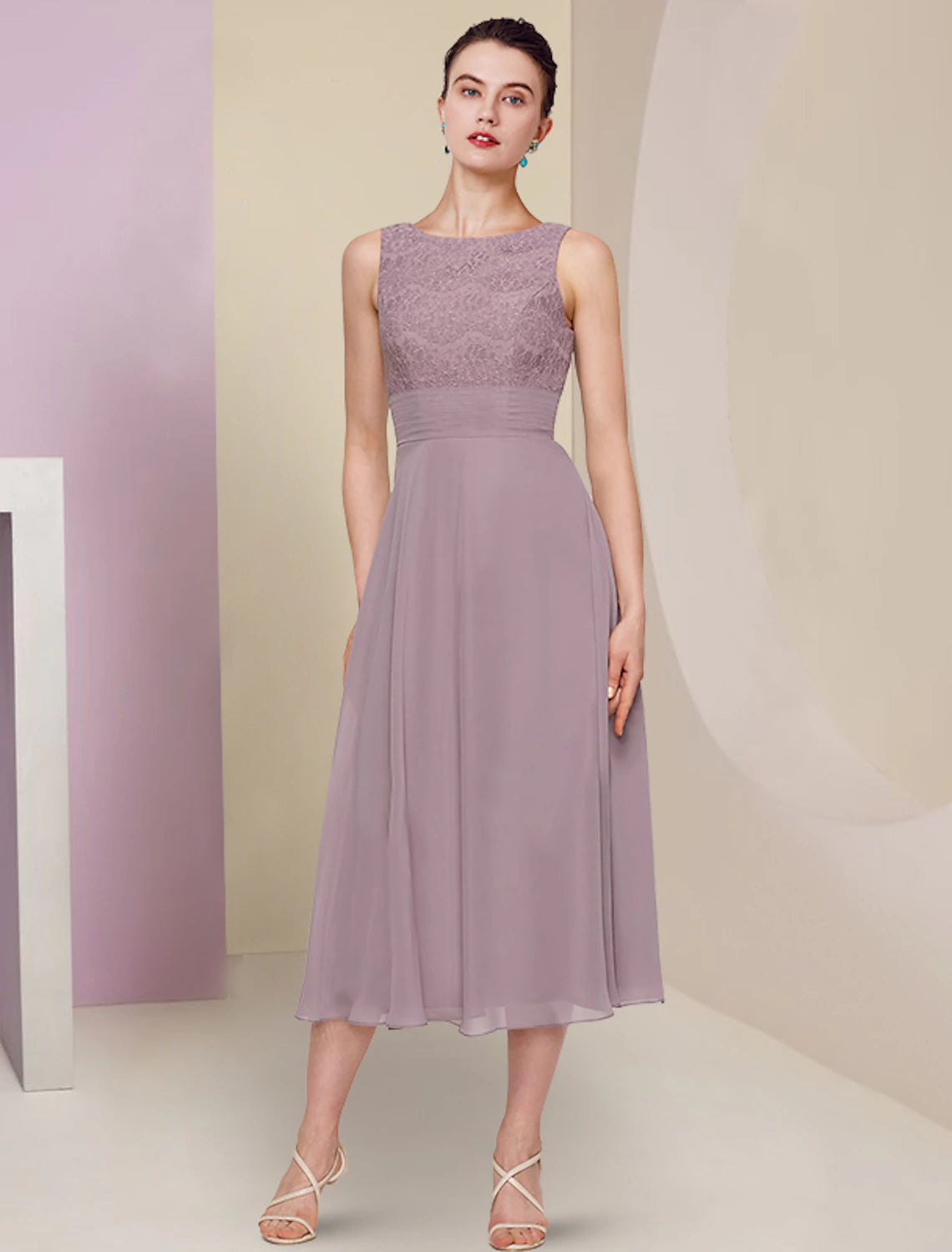 Vestido de dos piezas para madre de la novia, para invitada de boda, iglesia, elegante, cuello joya, largo hasta la rodilla, de gasa, encaje, media manga, con color liso