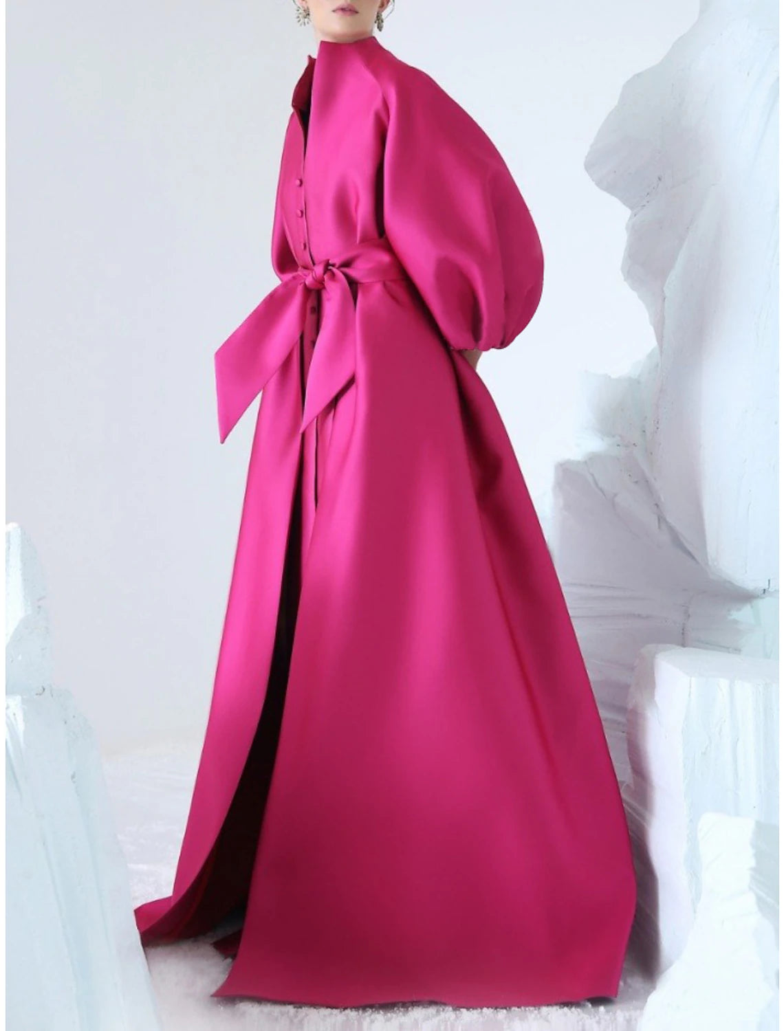 Pink Satin A-Line Floor-Length Evening Dress with Voluminous Puff Sleeves