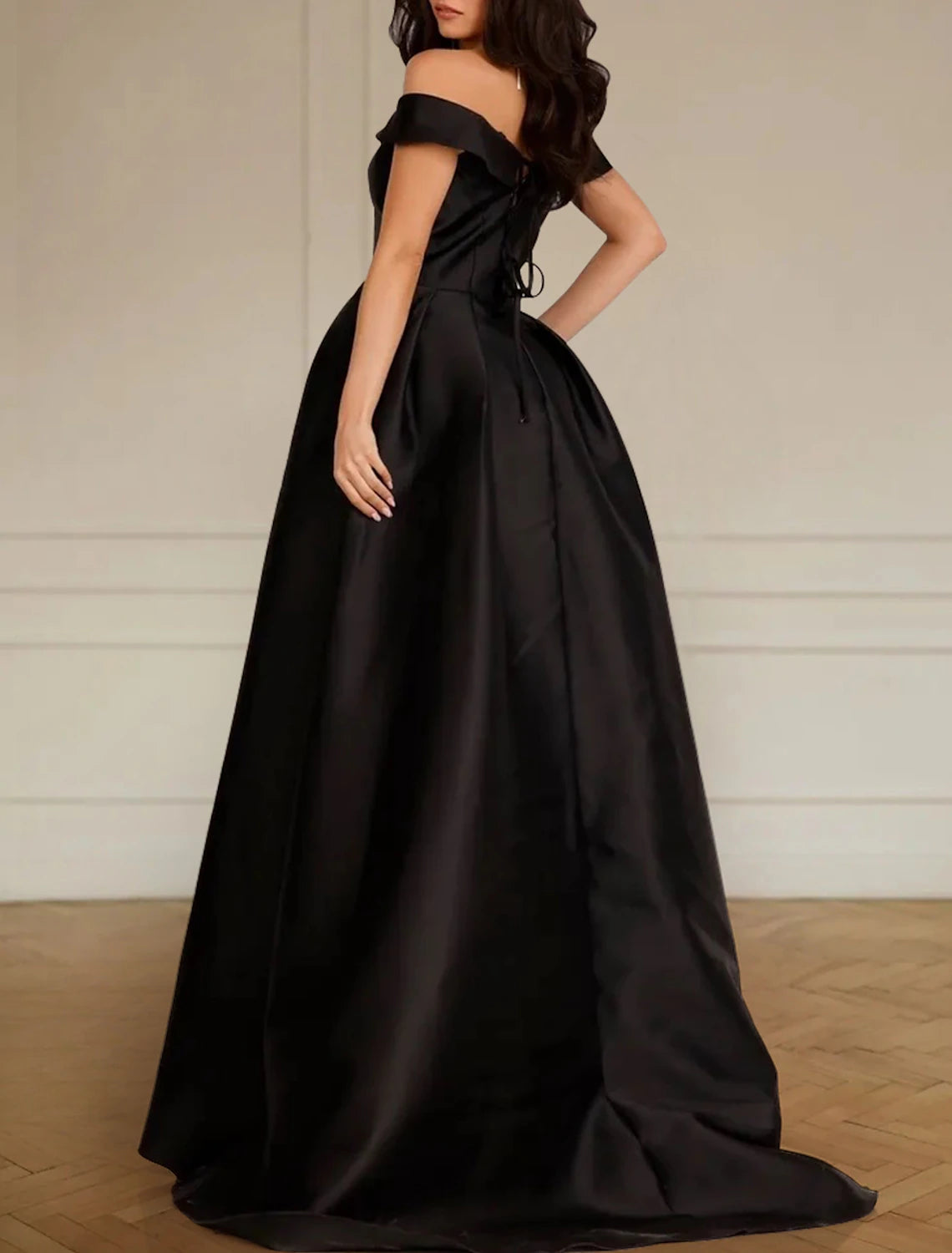 Black Satin Off-the-Shoulder A-Line Floor-Length Evening Dress