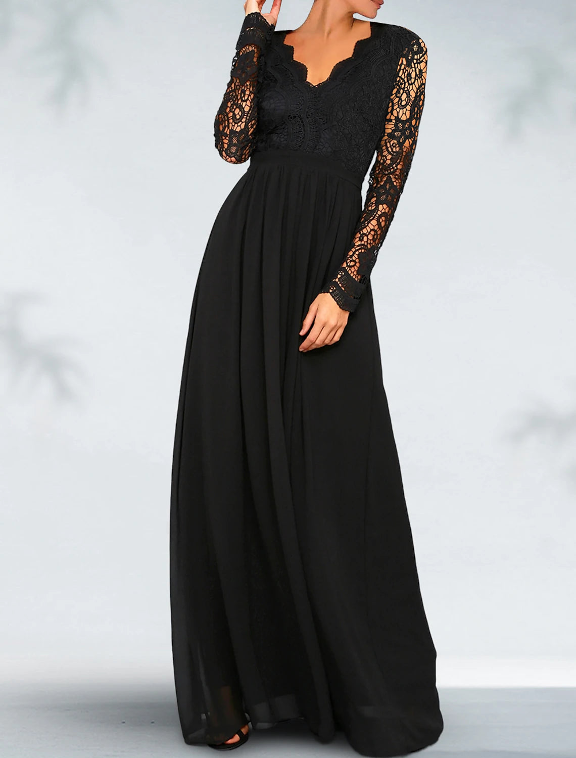 Abito da sera a trapezio, abito nero, abito taglie forti con schiena scoperta, abito da cerimonia, abito da ospite, lunghezza al pavimento, manica lunga, scollo a V, chiffon gotico con pieghe