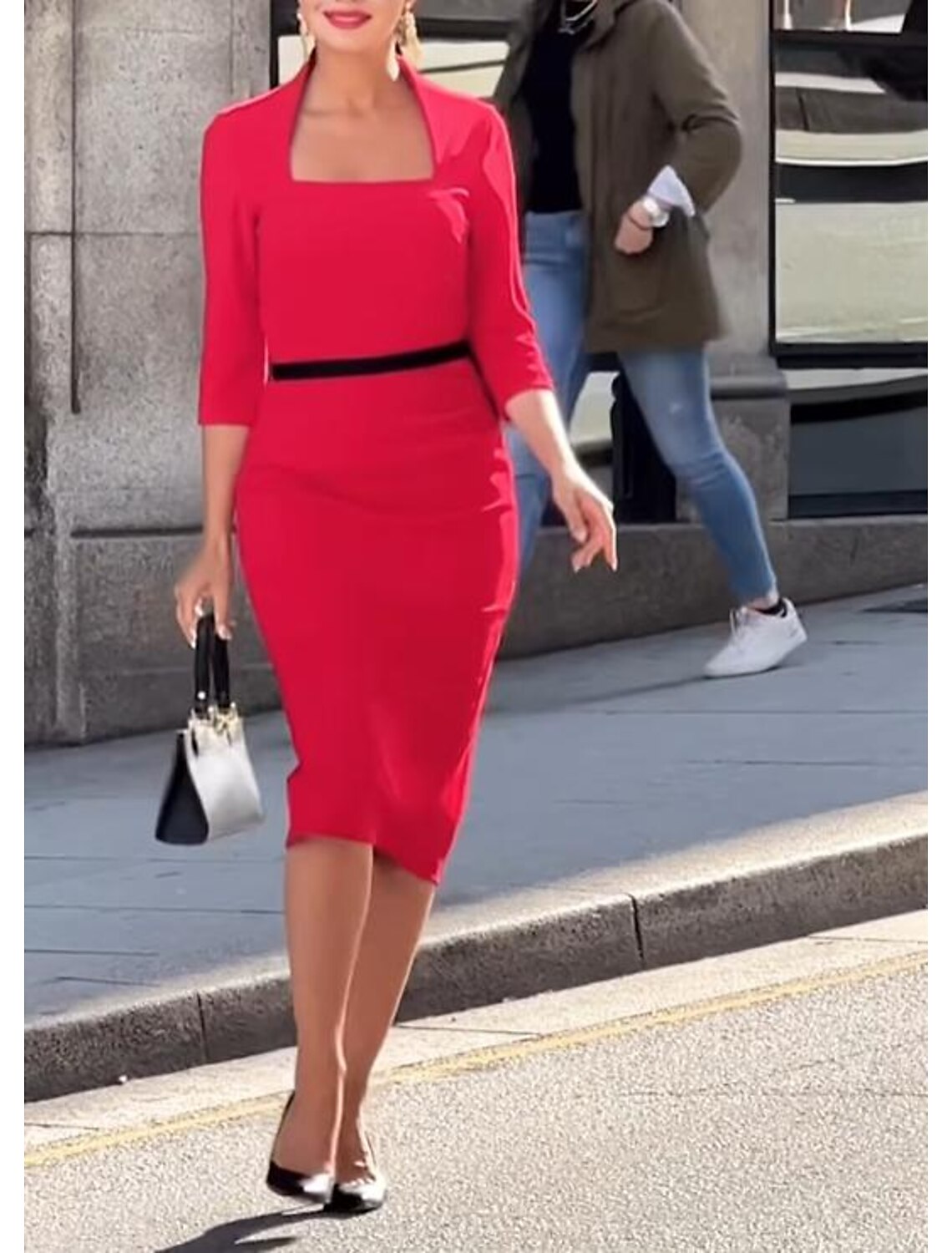 Vestido de cóctel con corte tubo/columna, estilo vintage, para noche, fiesta, trabajo, largo hasta la rodilla, manga 3/4, escote cuadrado, tela con tiras.