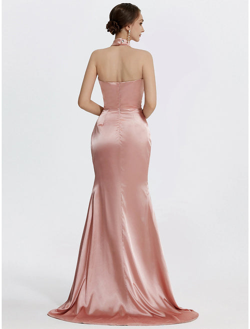 Vestidos de fiesta de sirena/trompeta, de cintura alta, para fiesta de noche, de lazo negro, largo hasta el suelo, sin mangas, cuello halter, de satén con fruncido