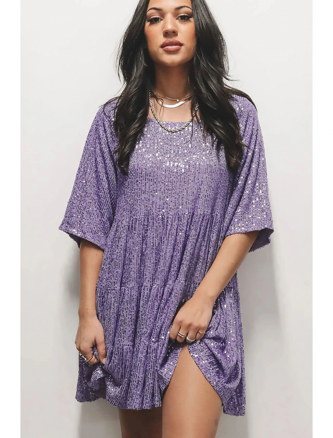 Women's Silver Sequin Dress Party Dress Sparkly Dress Homecoming Dress Mini Dress Black Purple Half Sleeve Summer Spring Fall Crew Neck Summer Dress Loose Fit